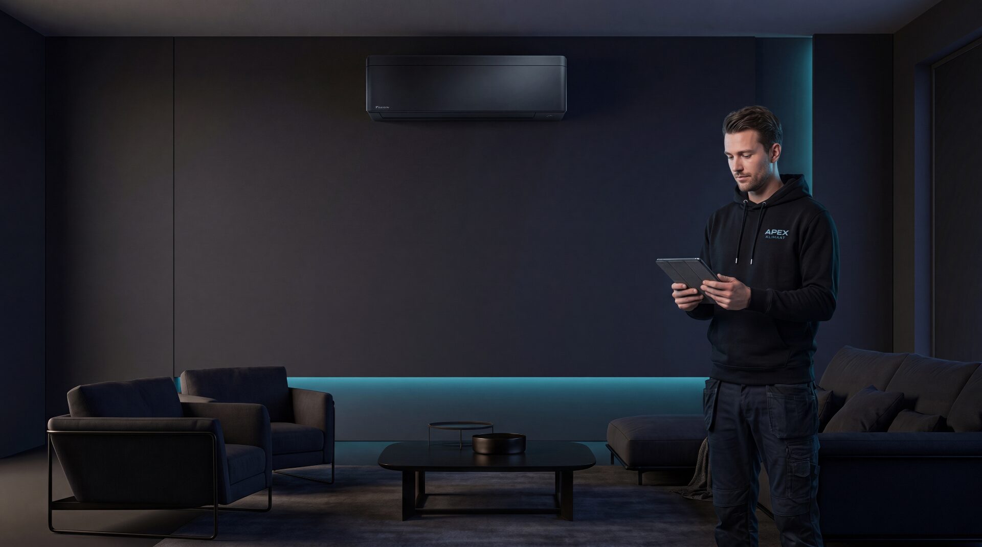 Apex Klimaat monteur met tablet in een moderne woonkamer met een strak gemonteerde wandairco